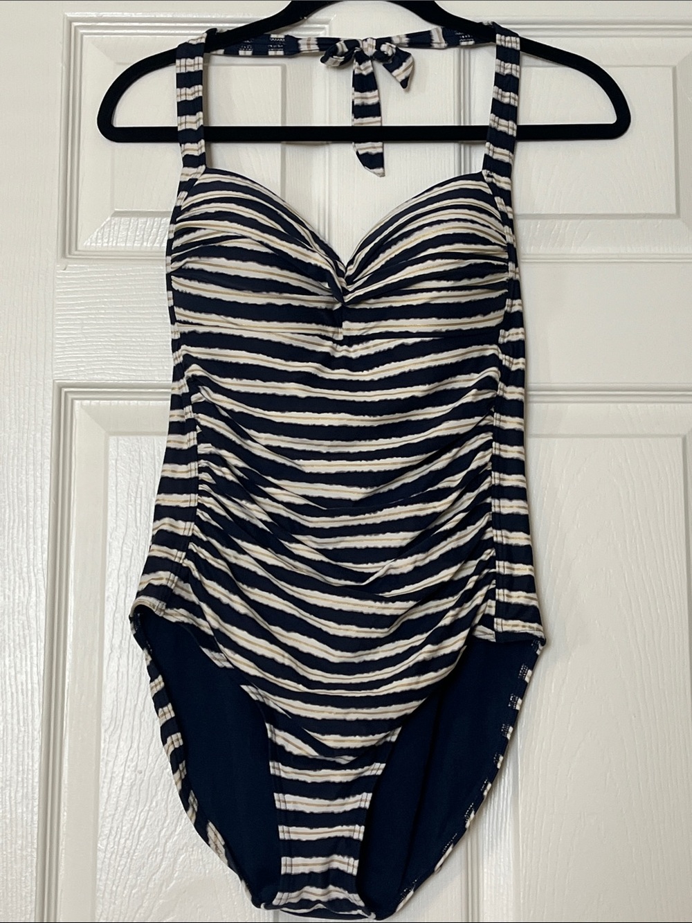 Nip Tuck Striped Navy and Cream Ruched One-Piece Swimsuit